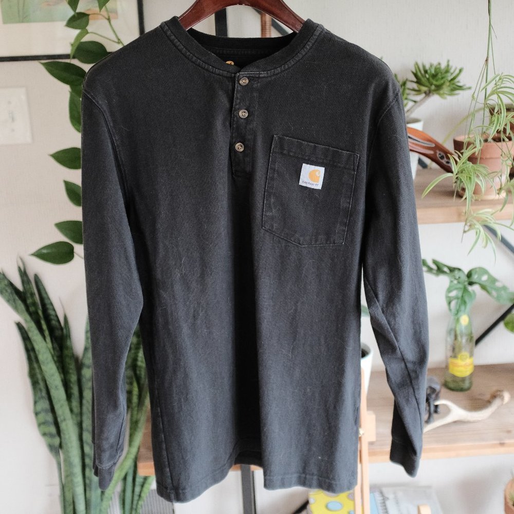Black Carhartt Loose Fit Heavyweight Long Sleeve Pocket Henley